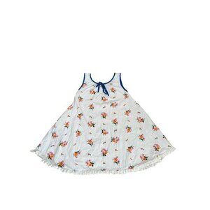 Girls Sleeveless White Floral & Orange Print Dress With Blue Trim & Bow Size 7